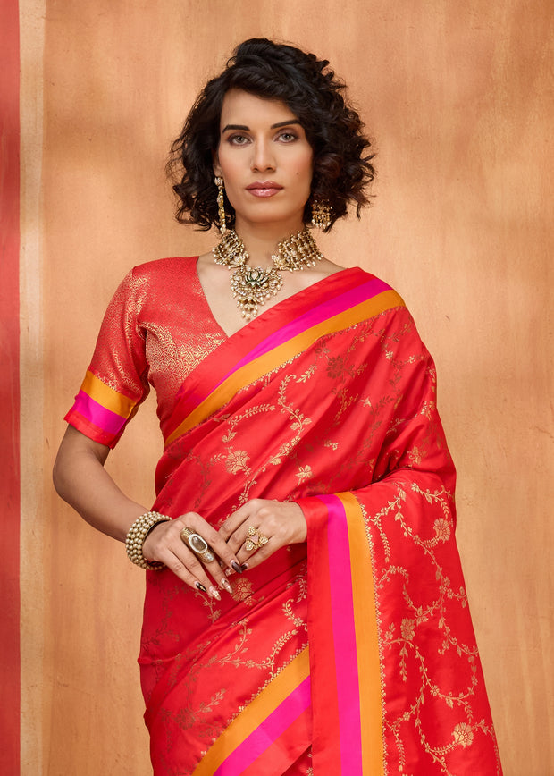 Cherry Red Woven Banarasi Silk Saree