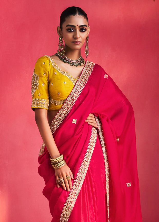 Fuchsia Pink Embroidered Soft Silk Saree With Contrast Blouse