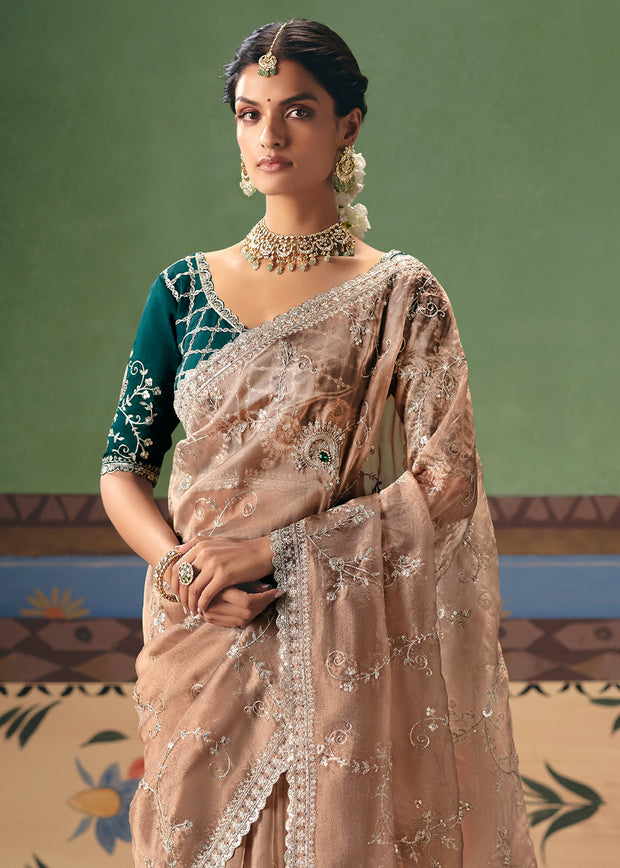 Almond Brown Embroidered Designer Saree