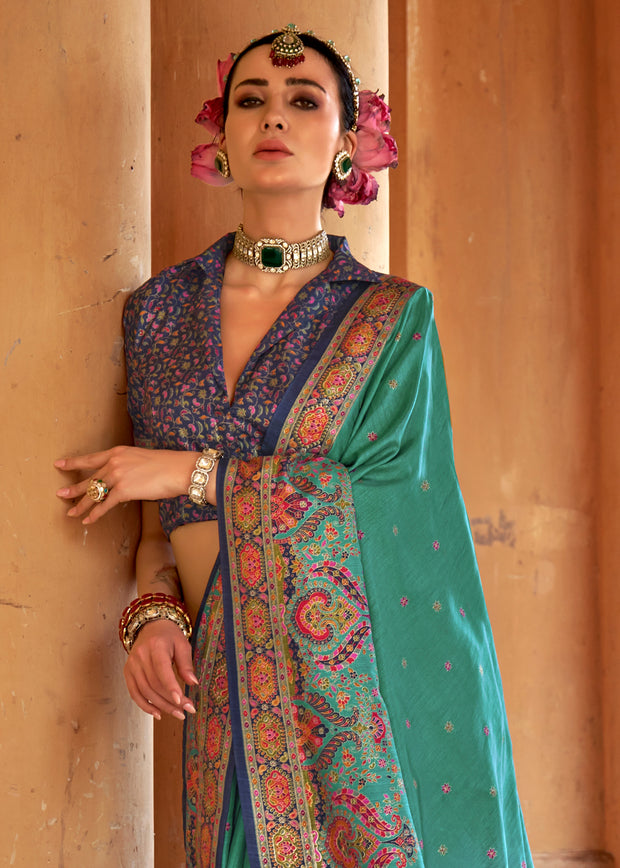 Teal Green Printed Silk Saree With Contrast Blouse