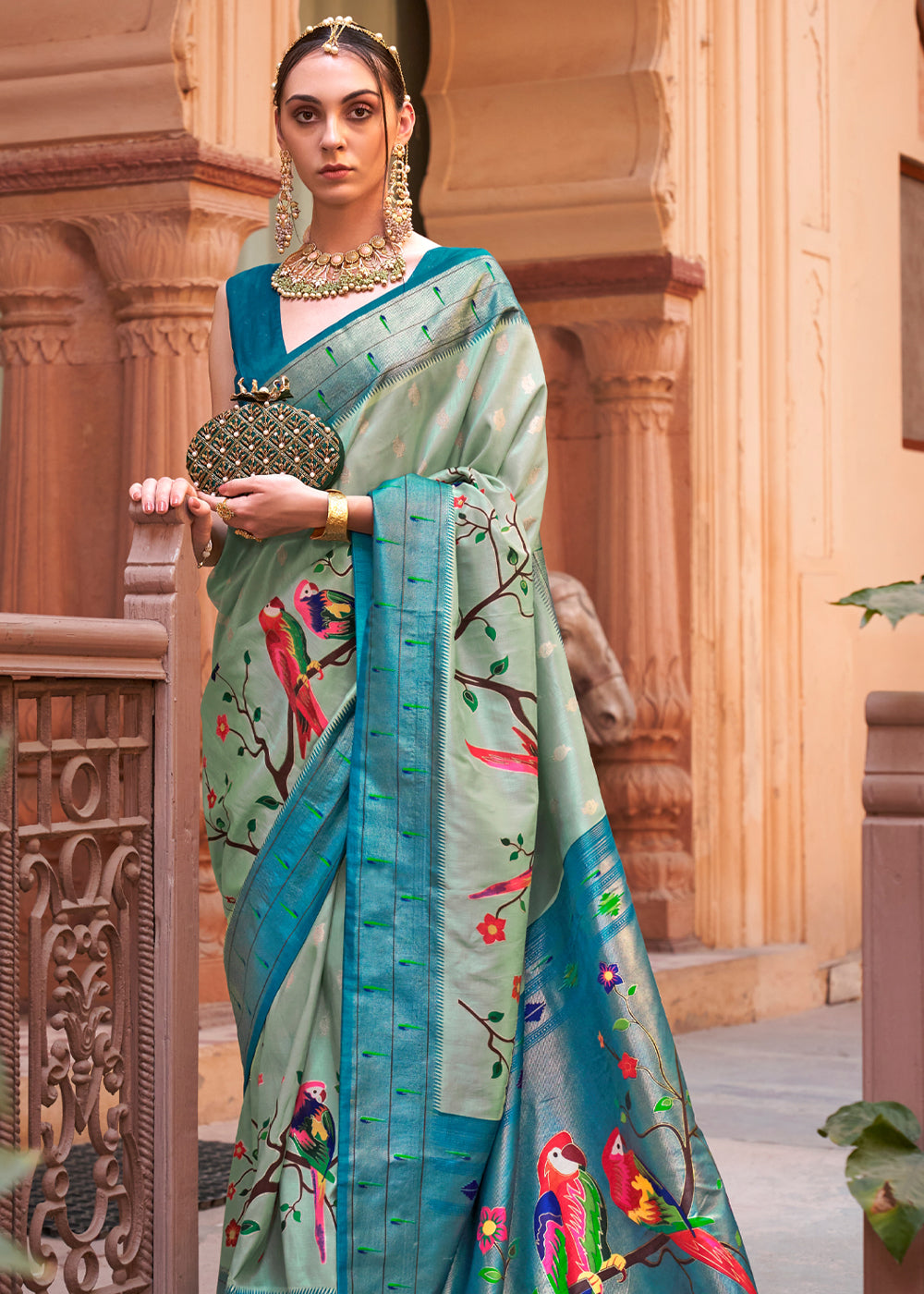 Basil Green Printed Paithani Silk Saree Zari Banaras