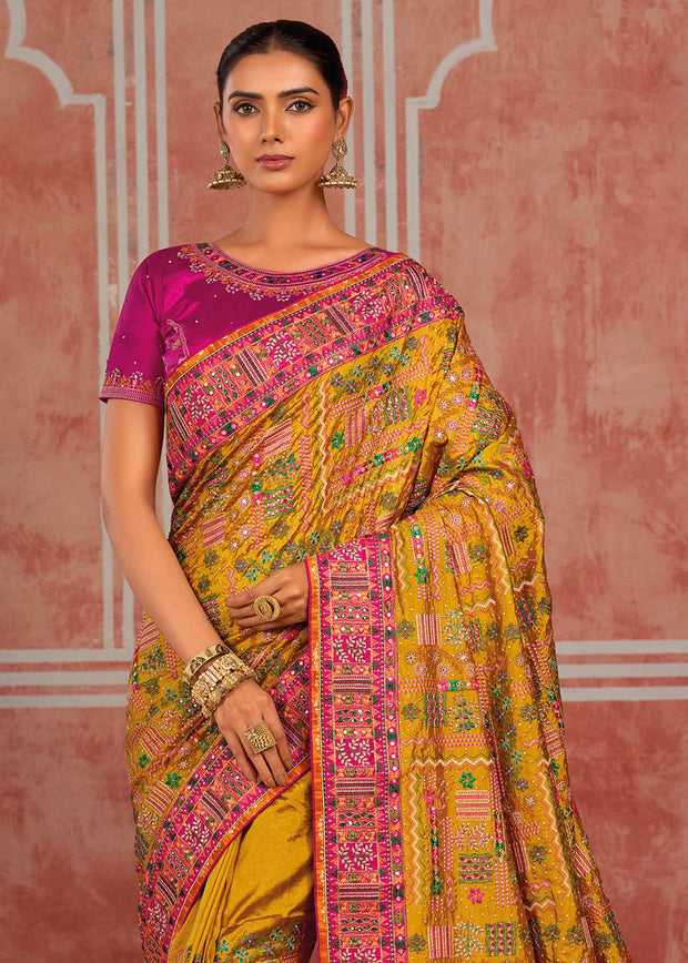 Mustard Yellow Embroidered Designer Saree