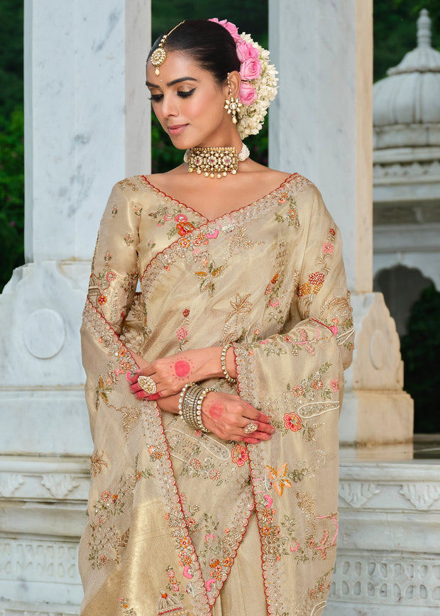 Classy Off White Designer Embroidered Silk Saree