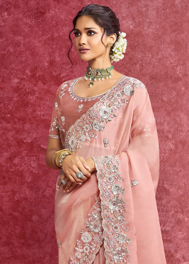 Peach Embroidered Designer Silk Saree