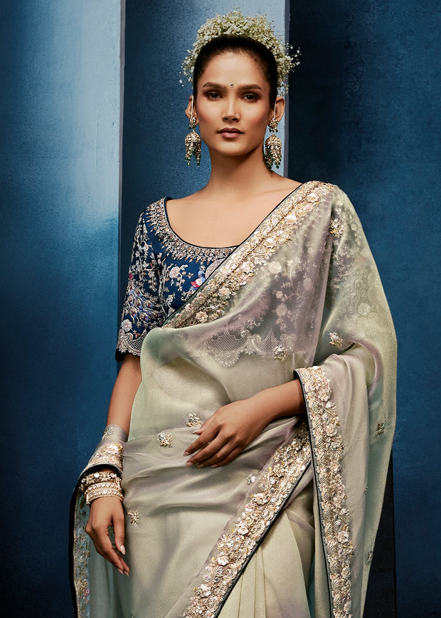 Haze Grey Embroidered Designer Tissue Saree