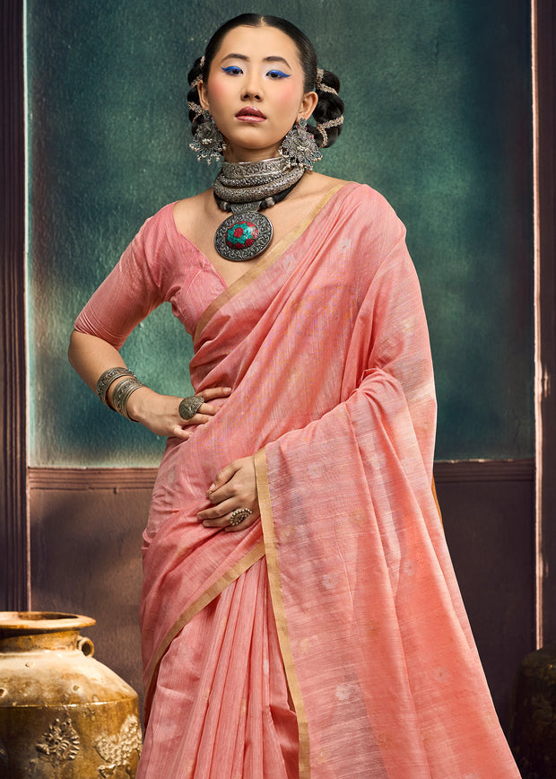 Peach Pink Woven Munga Cotton Silk Saree