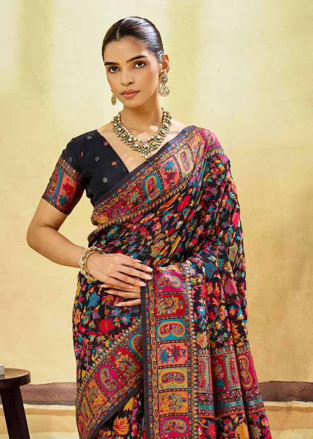 Black Woven Cotton Kashmiri Jamewar Saree