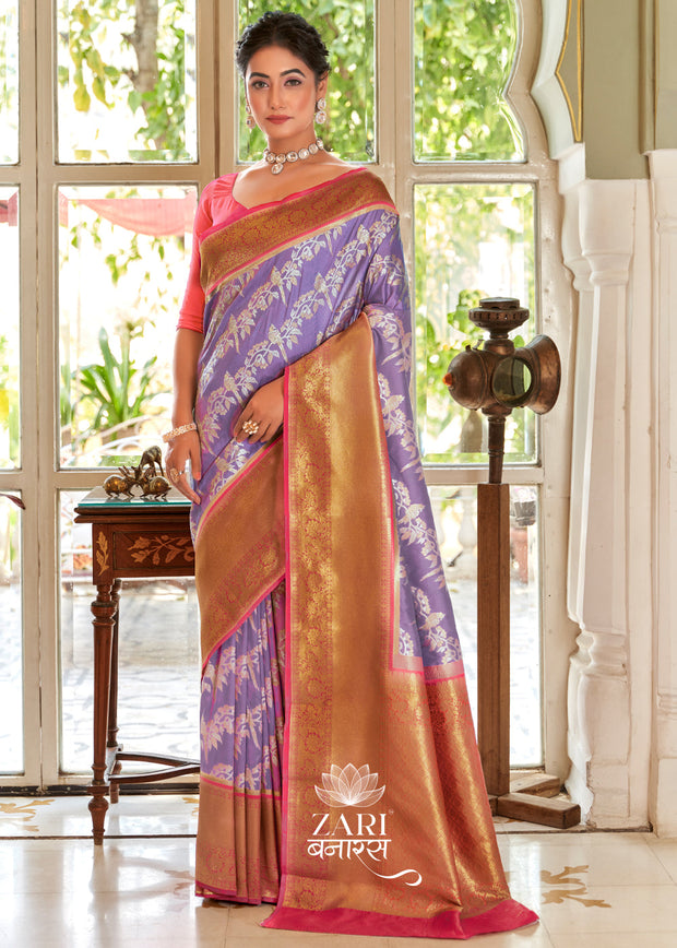 Peacock's Twilight purple and red Kanjivaram leheriya saree with woven peacock motifs