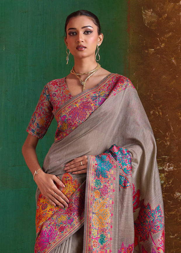 Taupe Grey Woven Cotton Kashmiri Jamewar Saree