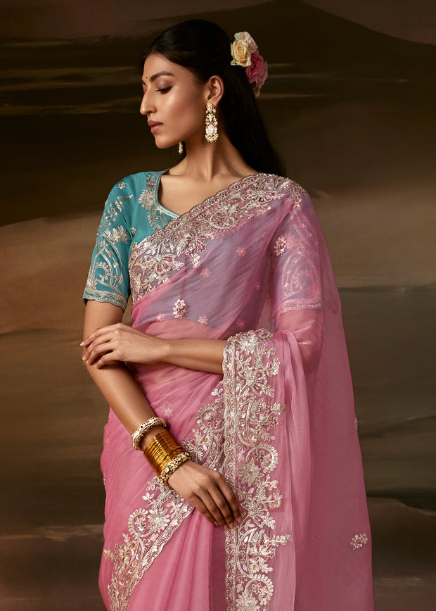 Light Pink Embroidered Designer Organza Saree