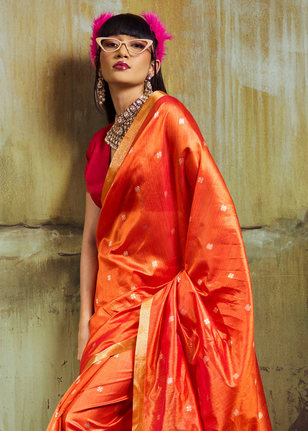 Sunset Orange Banarasi Tusser Silk Saree