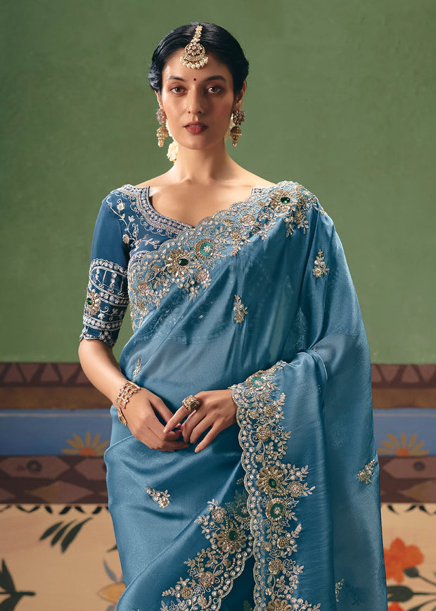 Storm Blue Embroidered Designer Saree