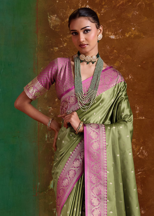 Piquant Green Banarasi Satin Silk Saree