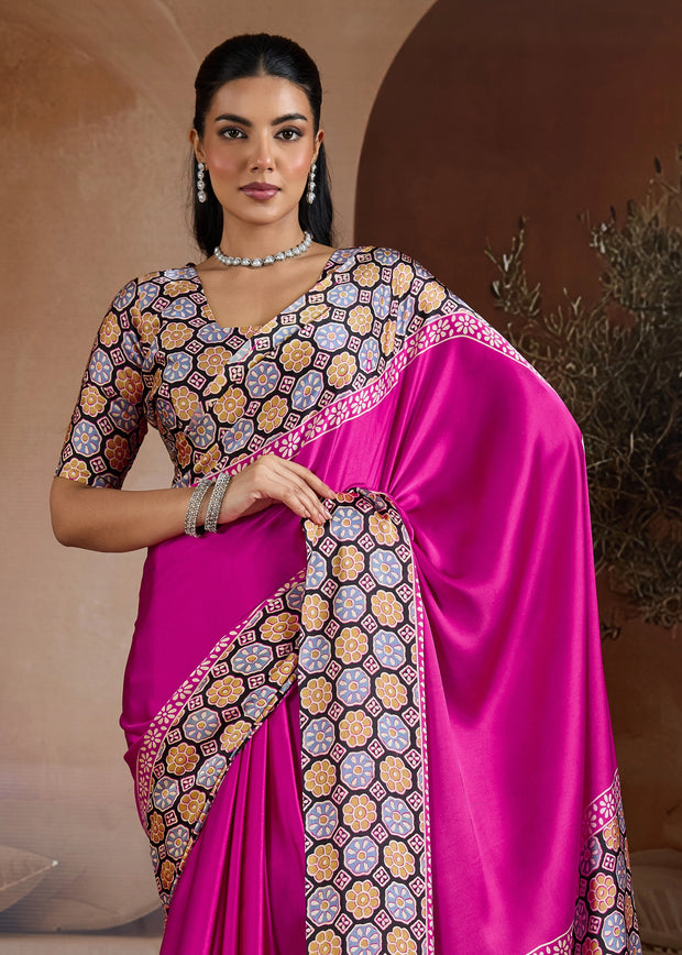 Rani Pink Printed Satin Silk Saree