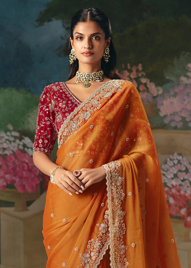 Peel Orange Embroidered Designer Saree