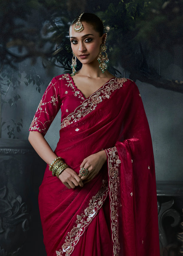 Tango Red Embroidered Designer Saree