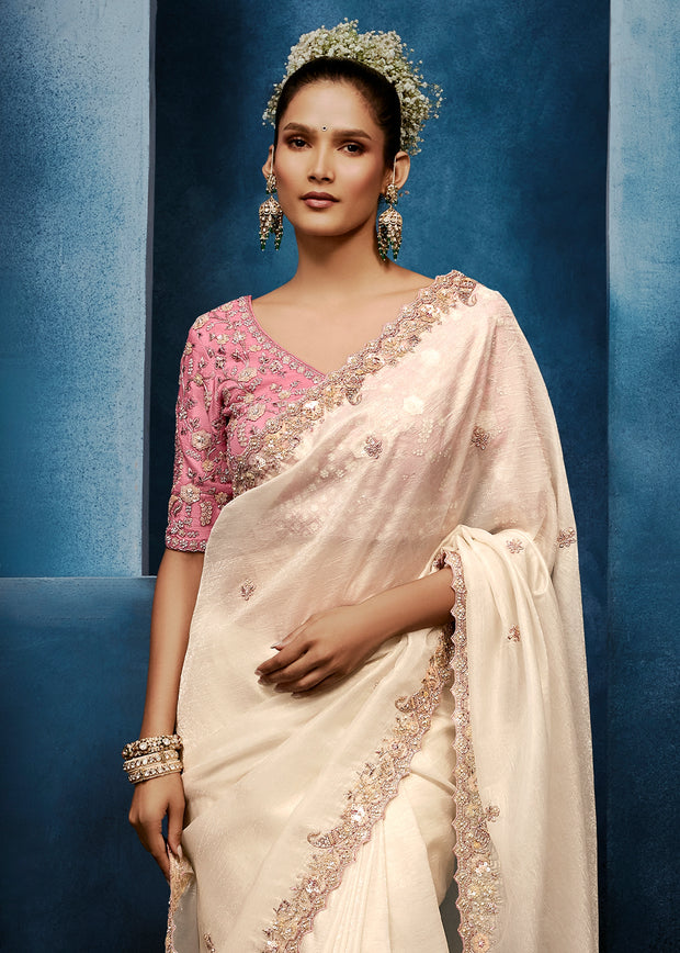 Snow White Embroidered Designer Tissue Saree