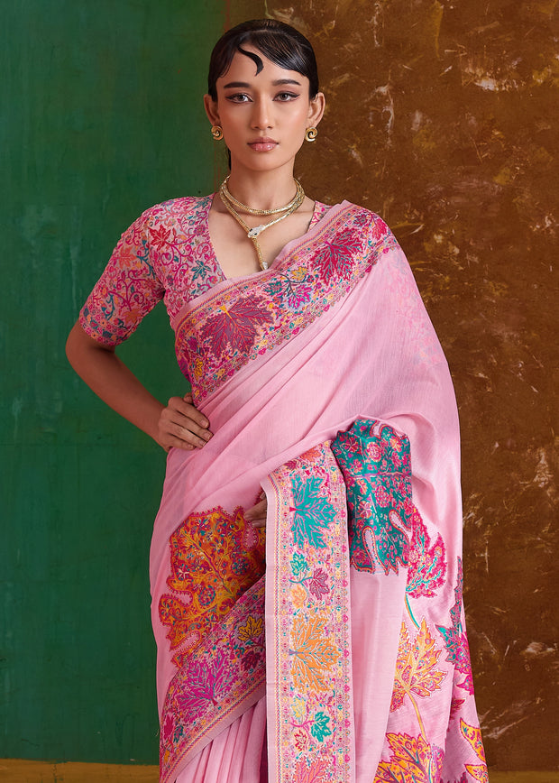 Powder Pink Woven Cotton Kashmiri Jamewar Saree