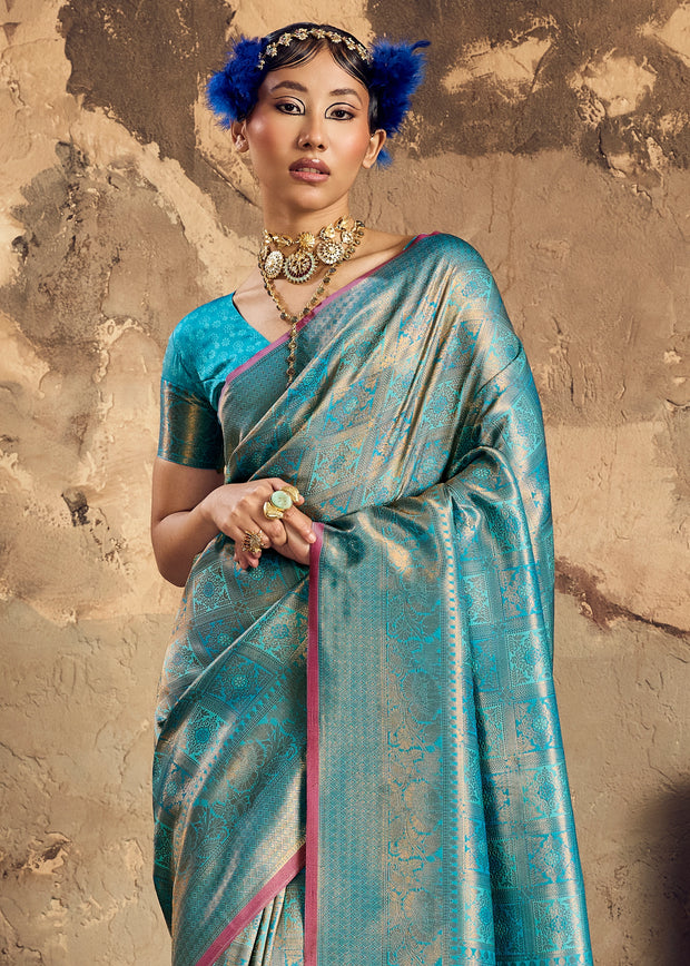 Firozi Blue Woven Kanjivaram Silk Saree
