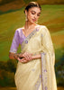 Cream Beige Heavy Embroidered Designer Silk Saree With contrast Blouse
