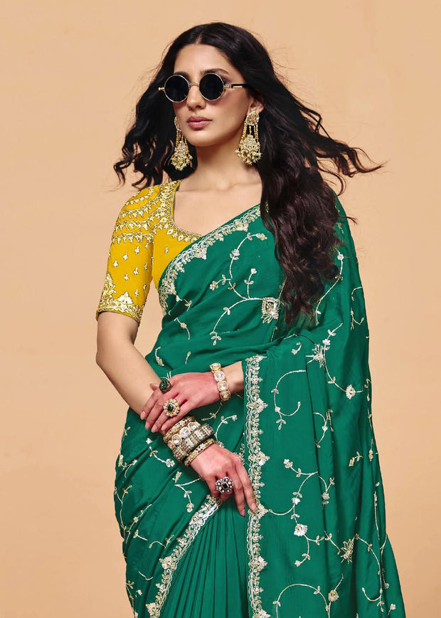 Cadmium Green Embroidered Designer Tissue Saree