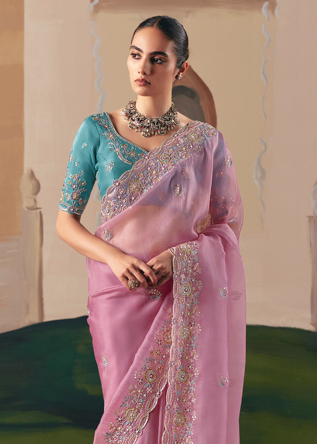 Light Pink Embroidered Designer Saree