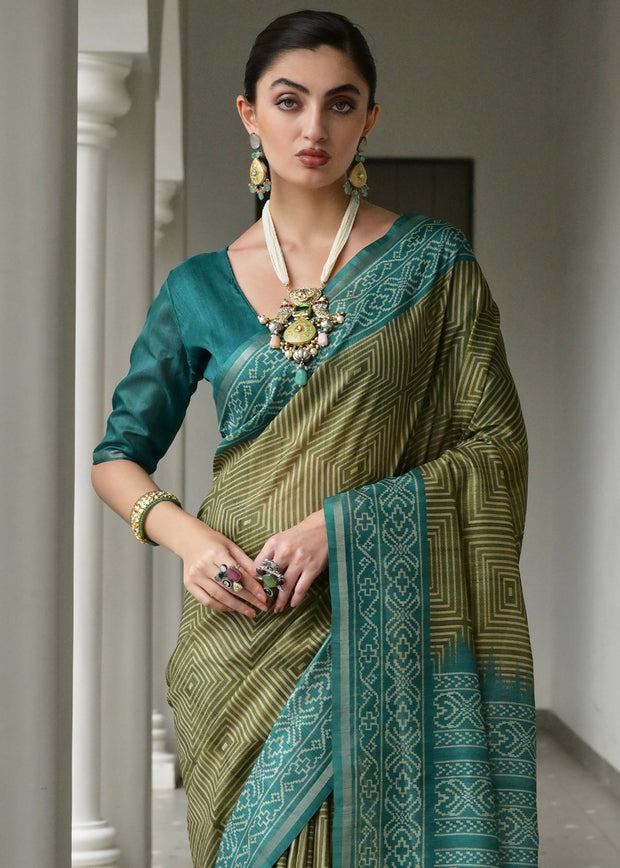 Green & Blue Printed Tussar SIlk Saree