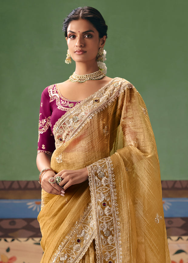 Mimosa Yellow Embroidered Designer Saree