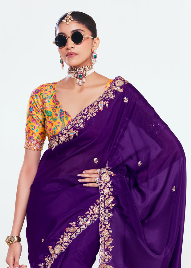 Magic Purple Designer Embroidered Tissue Saree