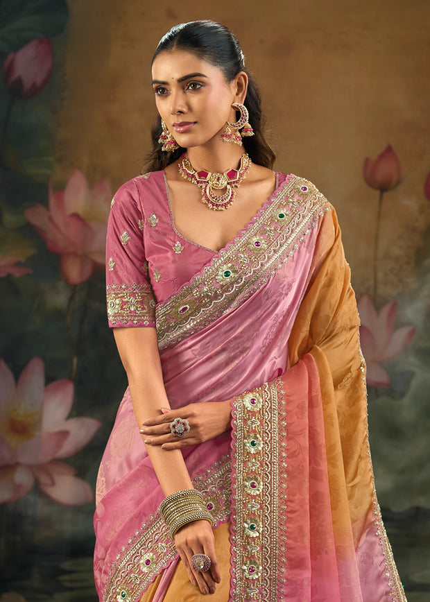 Pink Yellow Ombre Embroidered Designer Saree