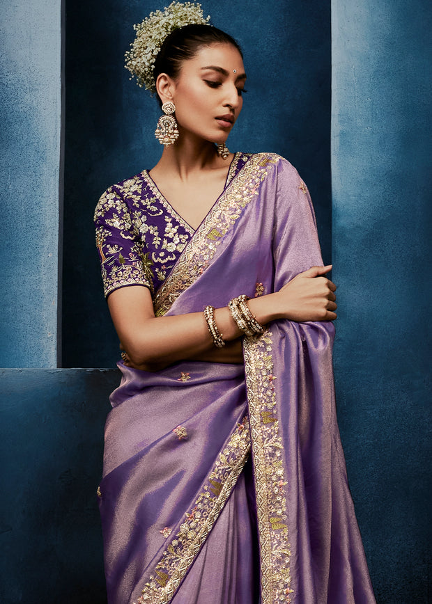 Lavender Purple Embroidered Designer Tissue Saree