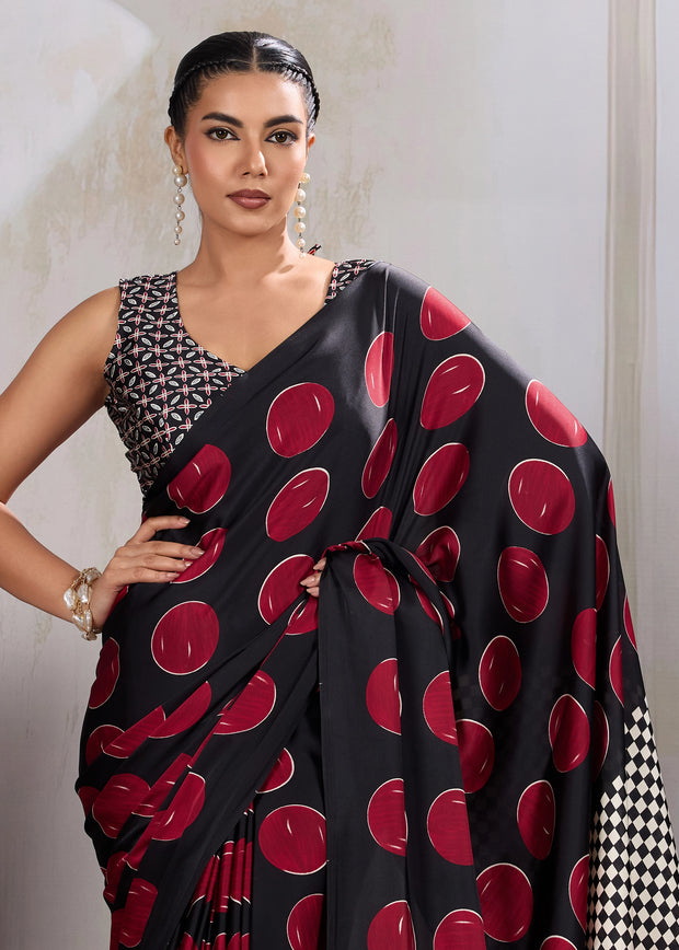 Red Printed Satin Silk Saree