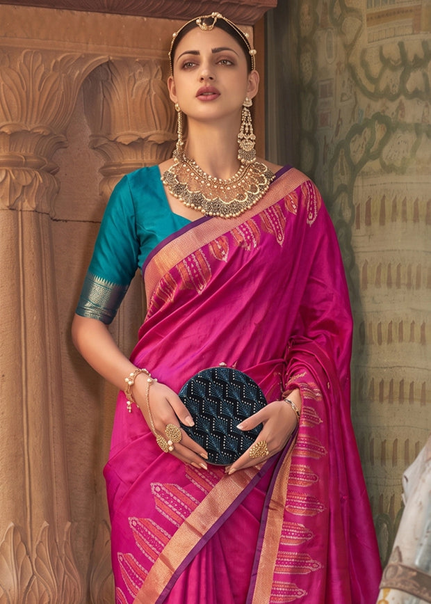 Magenta Pink Woven Banarasi Silk Saree