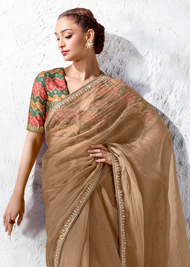 Beige Designer Organza Silk Saree With Printed Blouse