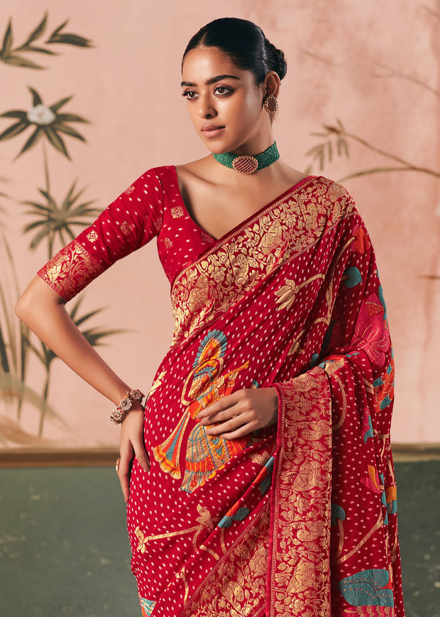 Bridal Red Woven Georgette Bandhej Saree