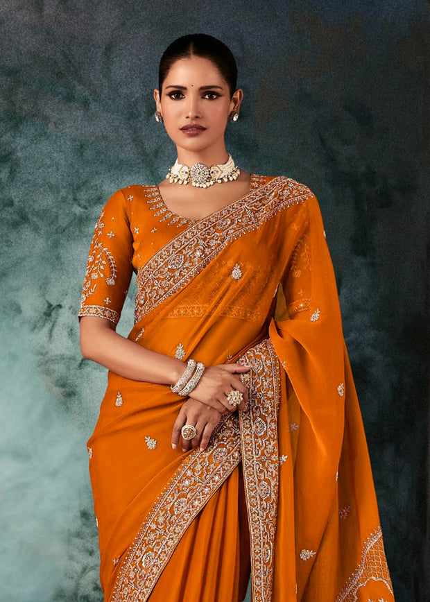 Poppy Orange Embroidered Designer Saree