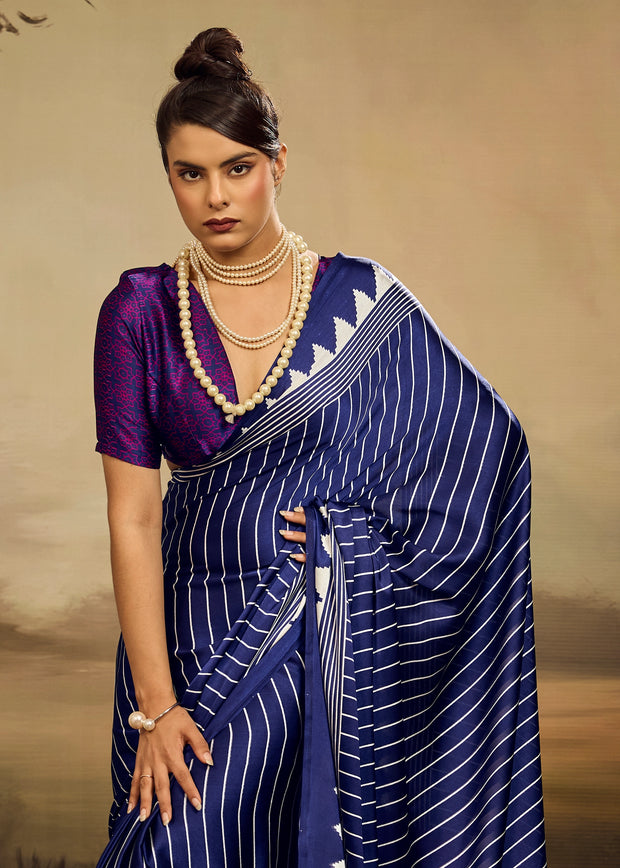 Navy Blue Printed Satin Silk Saree