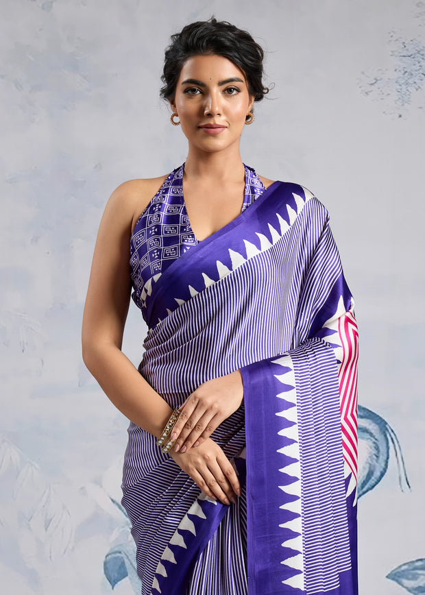 Purple Printed Satin Silk Saree