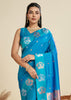 Deep Aqua Blue Woven Bronze Zari Paithani Silk Saree