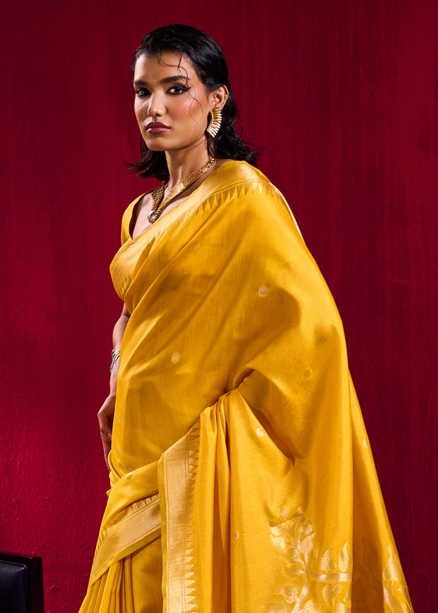 Daffodil Yellow Banarasi Satin Linen Silk Saree