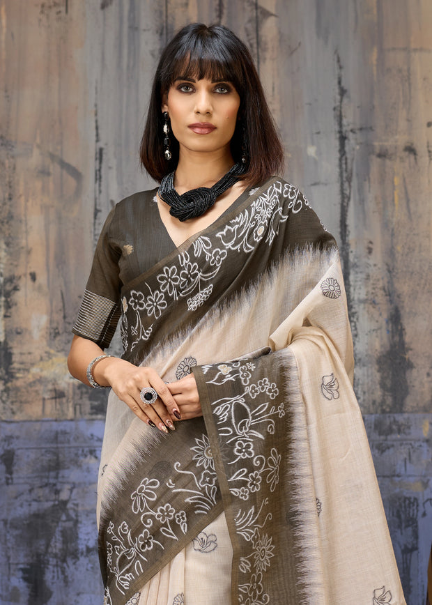 Olive Green Printed Cotton Silk Saree