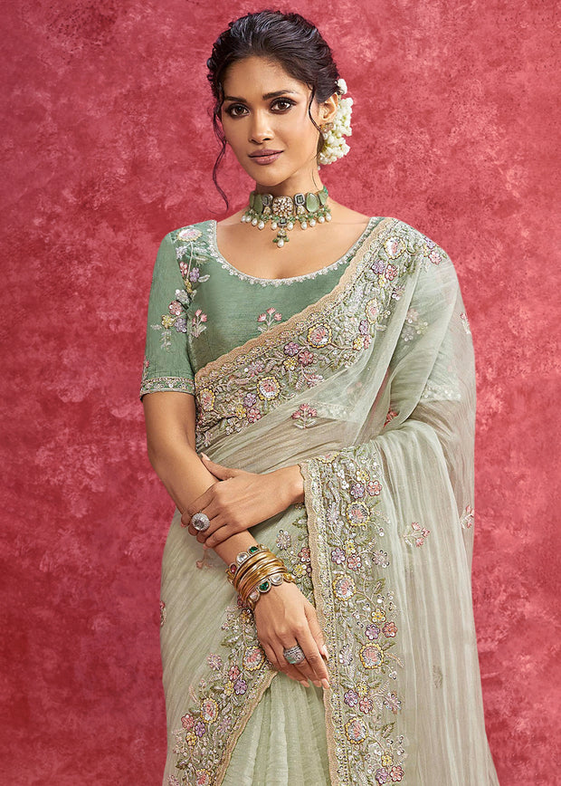 Pista Green Embroidered Designer Saree