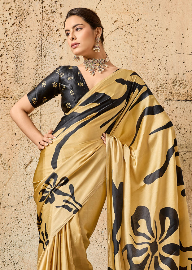 Classic Cream Printed Satin Silk Saree