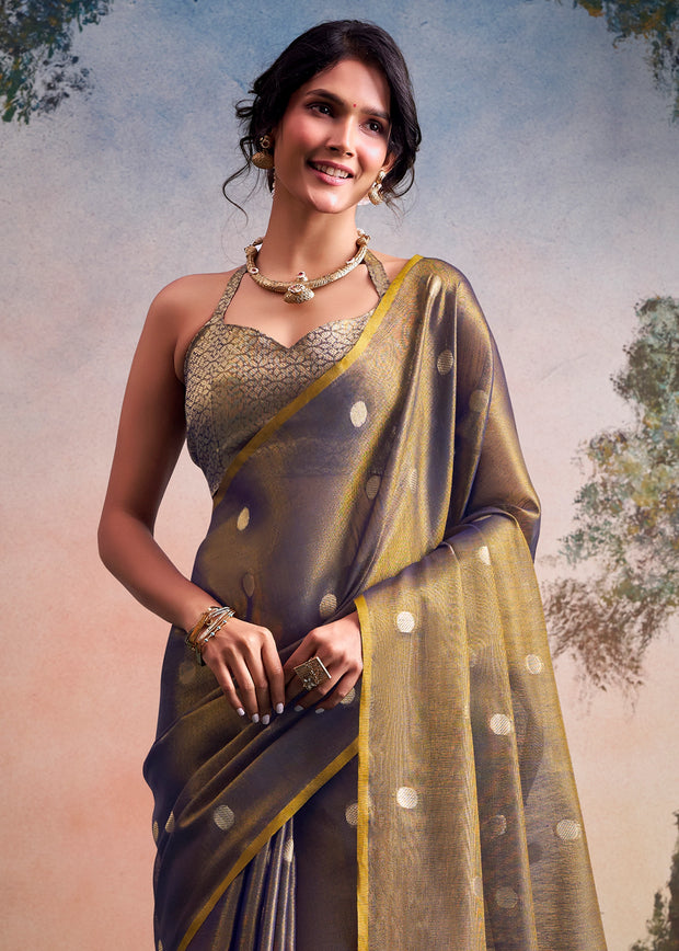 Golden Green Woven Tissue Silk Saree