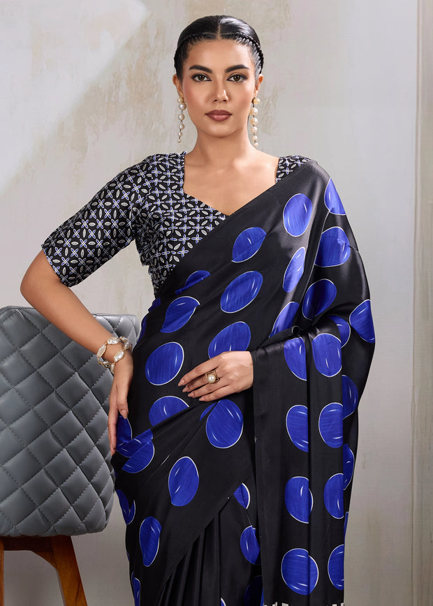 Blue Printed Satin Silk Saree