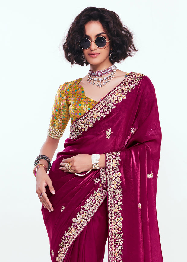 Beet Red Designer Embroidered Tissue Saree