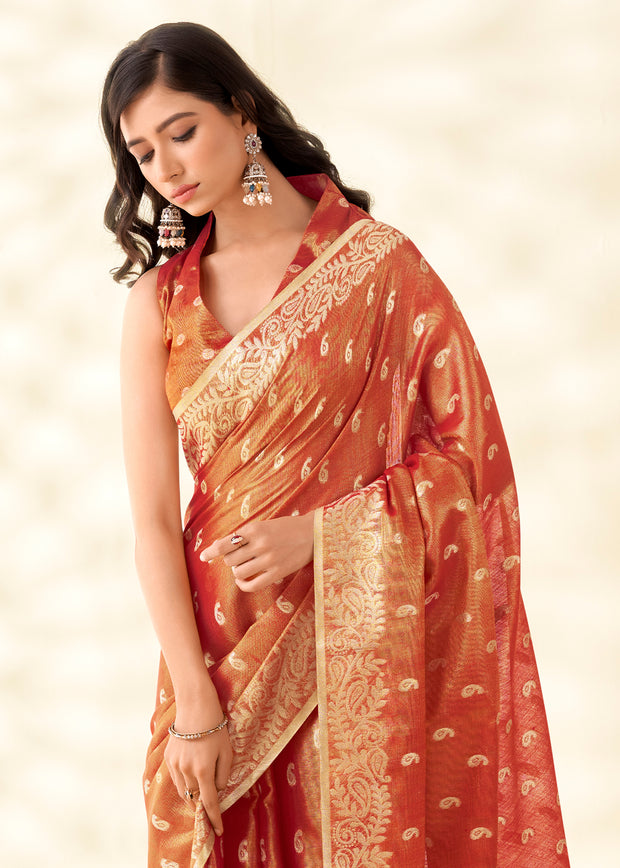 Rust Orange Woven Linen Tissue Silk Saree