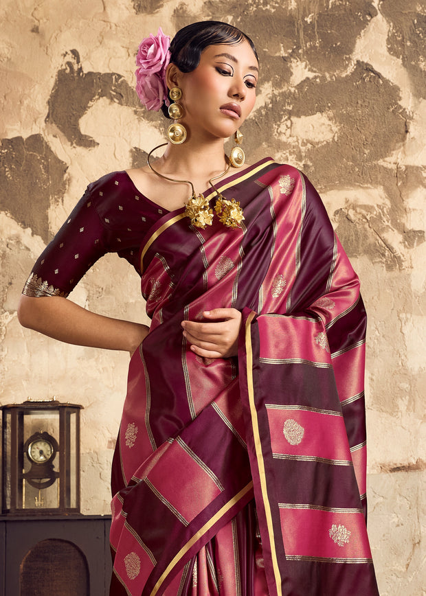 Pink And Maroon Rangkat Satin Silk Saree