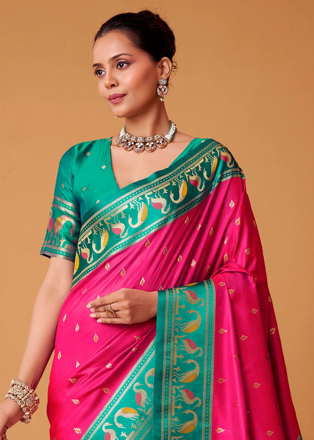 Raspberry Pink Woven Banarasi Silk Saree