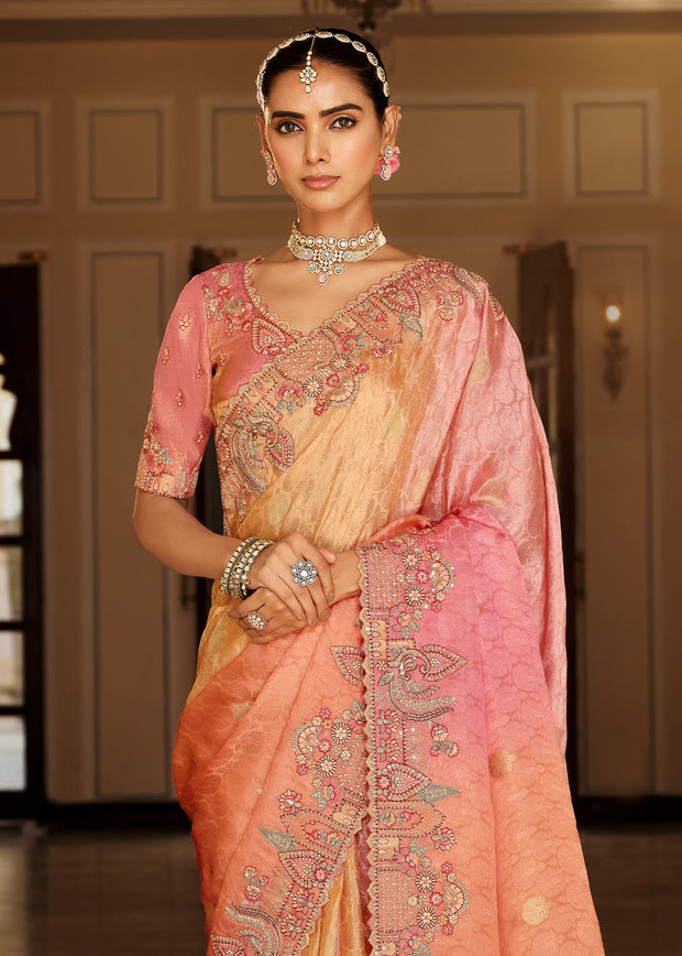 Peach & Pink Designer Embroidered Silk Saree